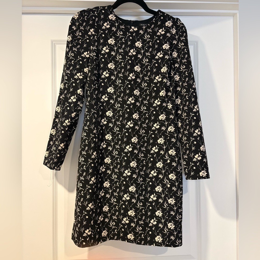 Club Monaco Black Floral Long-Sleeve Shift Dress